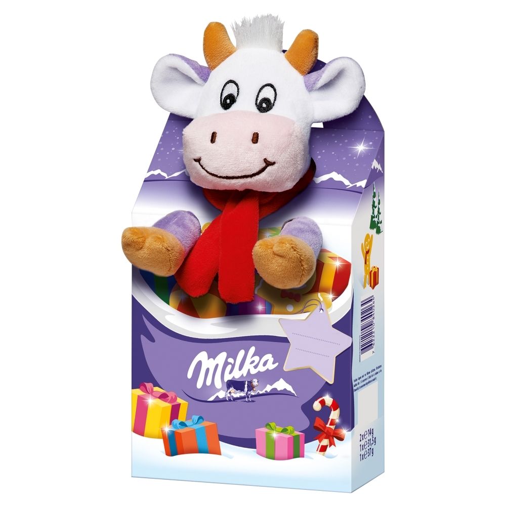 Milka Mieszanka czekolady mlecznej nadziewanej czekolady mlecznej i draży + pluszowa zabawka