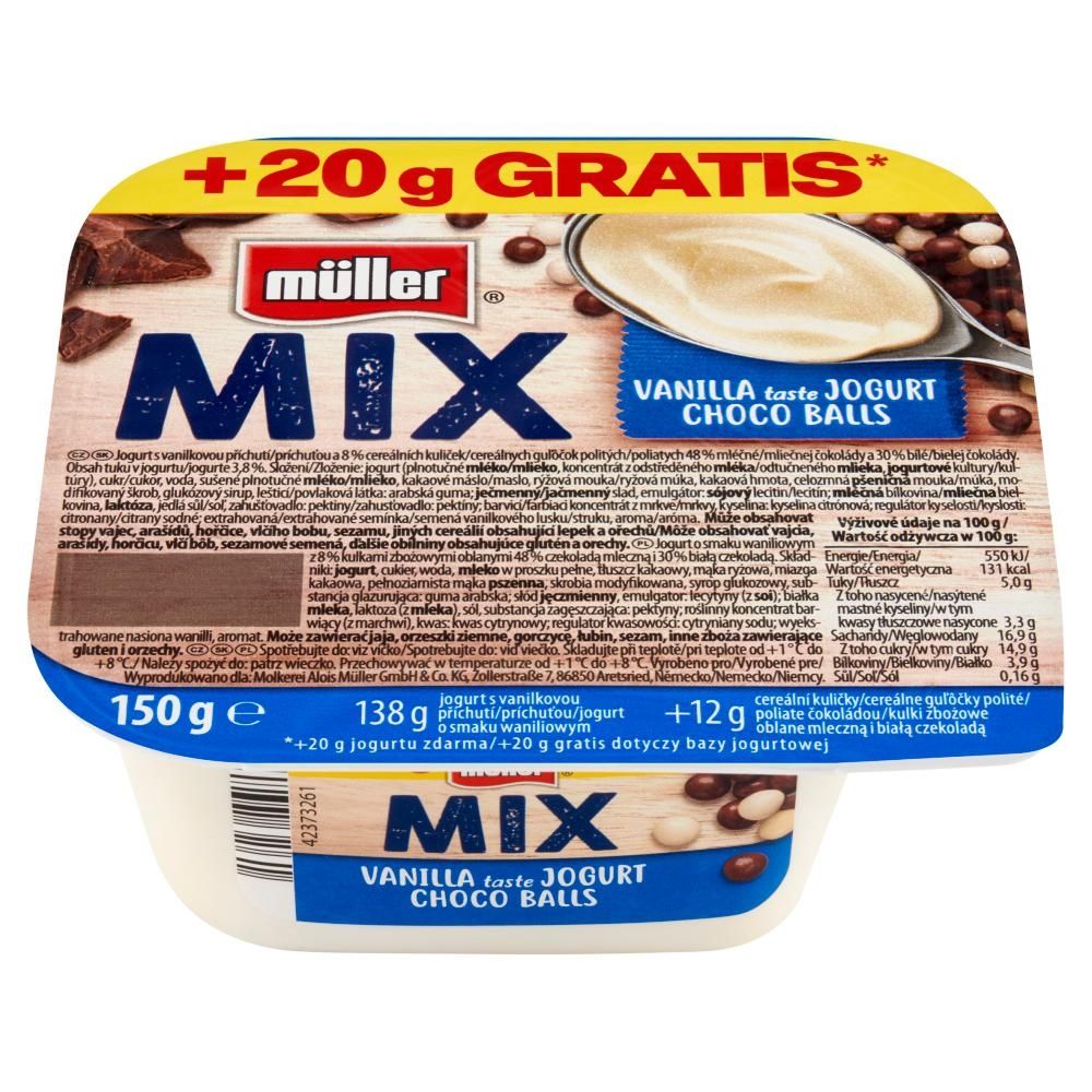 Müller Mix Jogurt o smaku waniliowym z kulkami zbożowymi oblanymi czekoladą mlecznej i białą 150 g