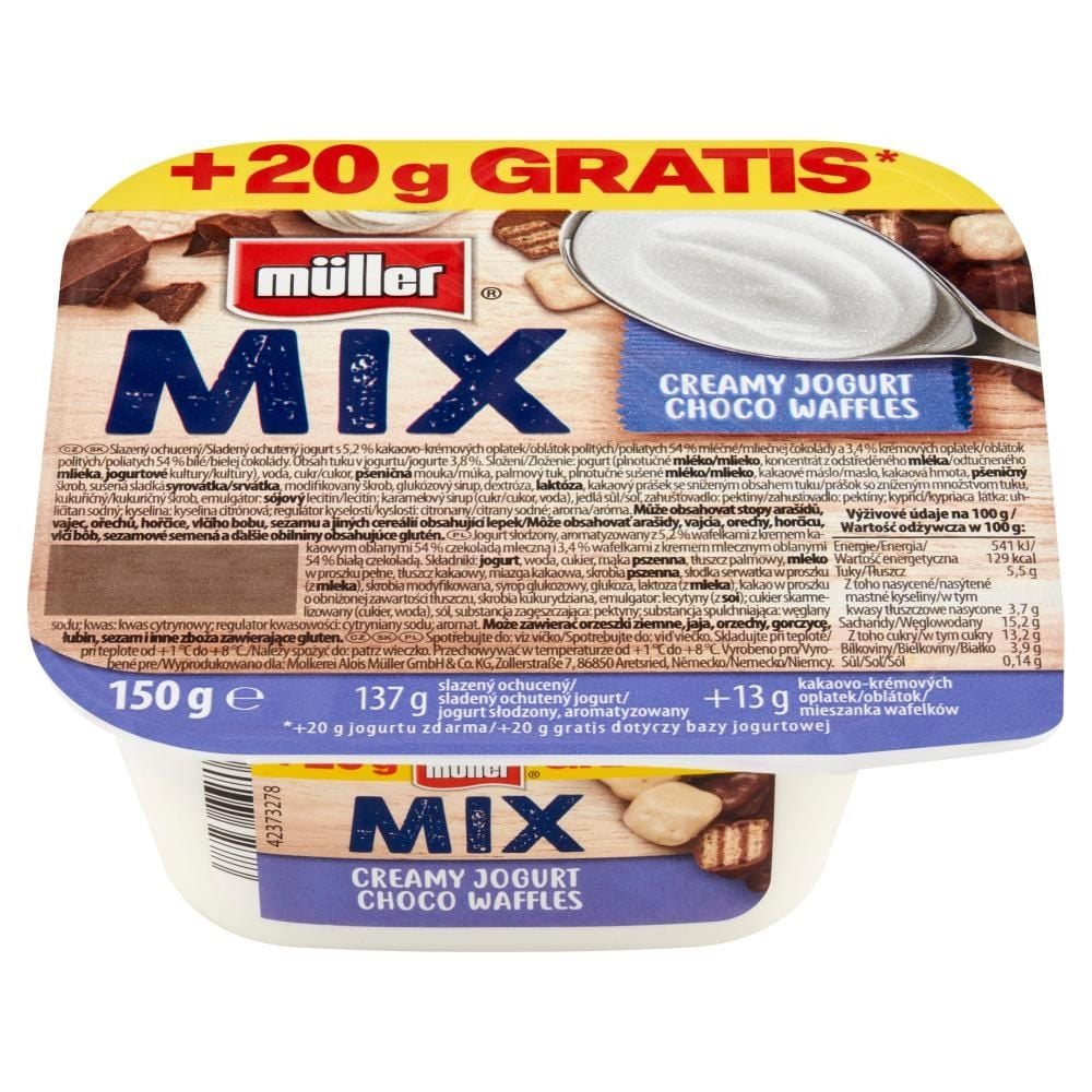 Müller Mix Jogurt z wafelkami z kremem kakaowym i mlecznym oblanymi czekoladą mleczną i białą 150 g