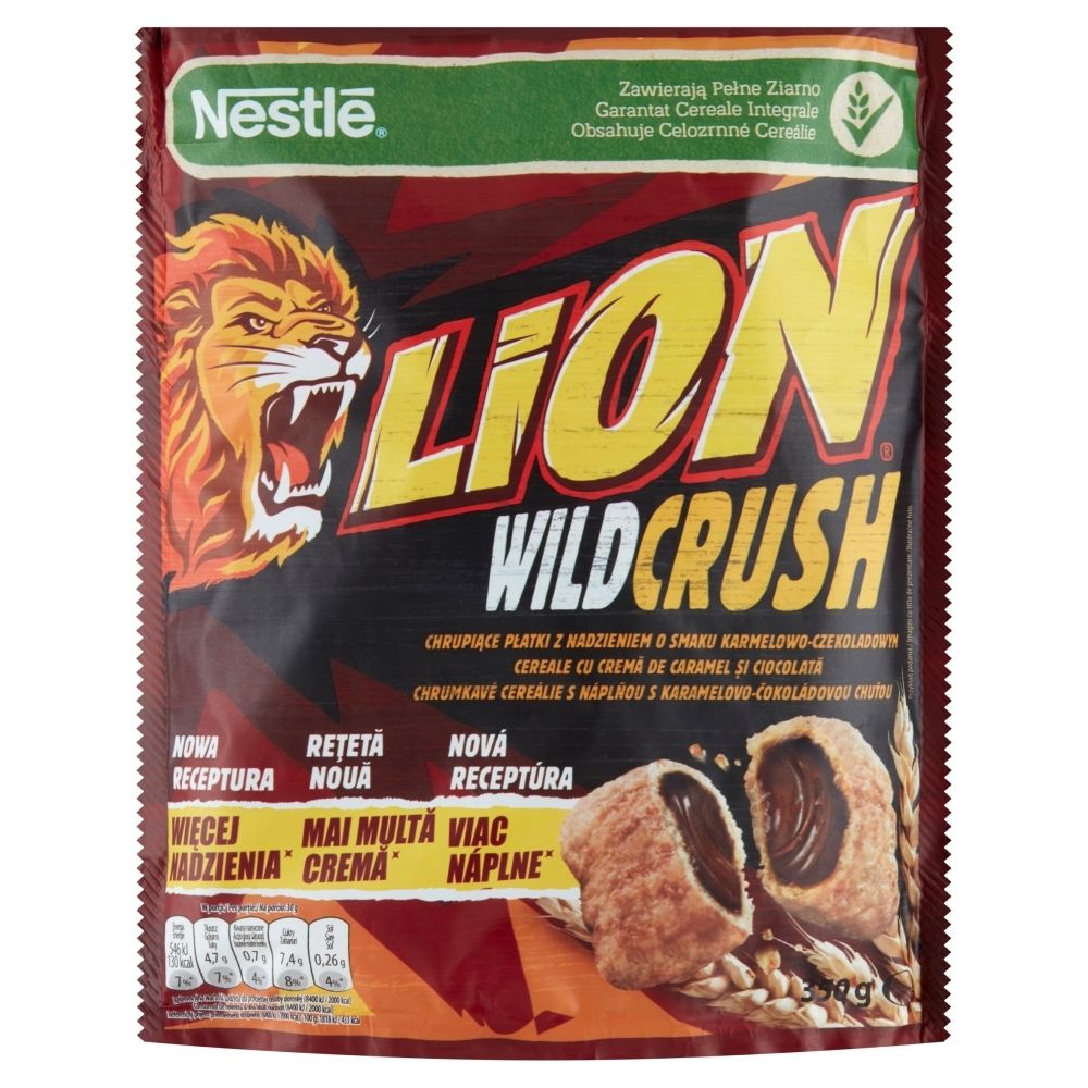 Nestlé Lion WildCrush Chrupiące płatki z nadzieniem o smaki karmelowo-czekoladowym 350 g