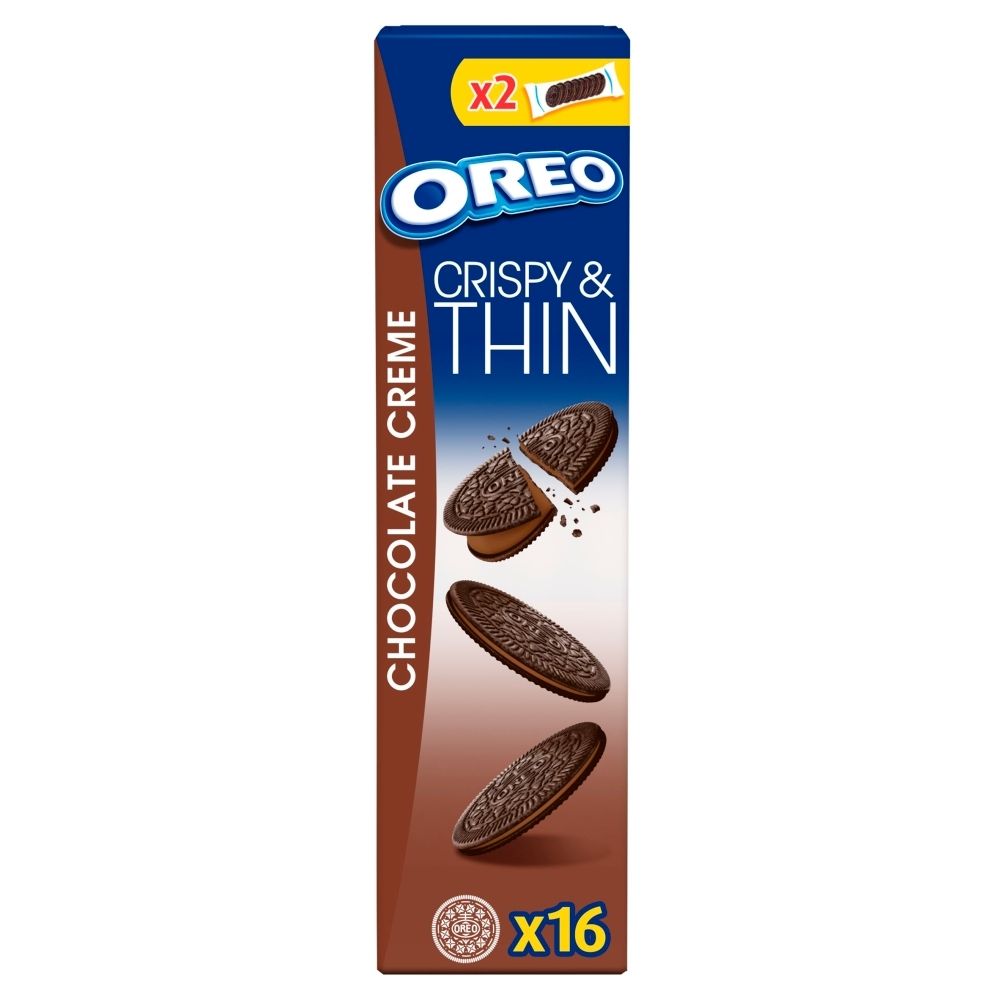 Oreo Crispy & Thin Ciastka kakaowe z nadzieniem o smaku czekoladowym 96 g (16 sztuk)