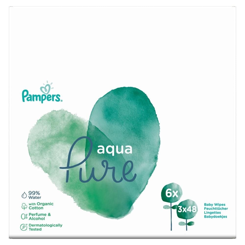Pampers Aqua Pure Chusteczki nawilżane dla niemowląt 3 opakowania = 144 chusteczek nawilżanych