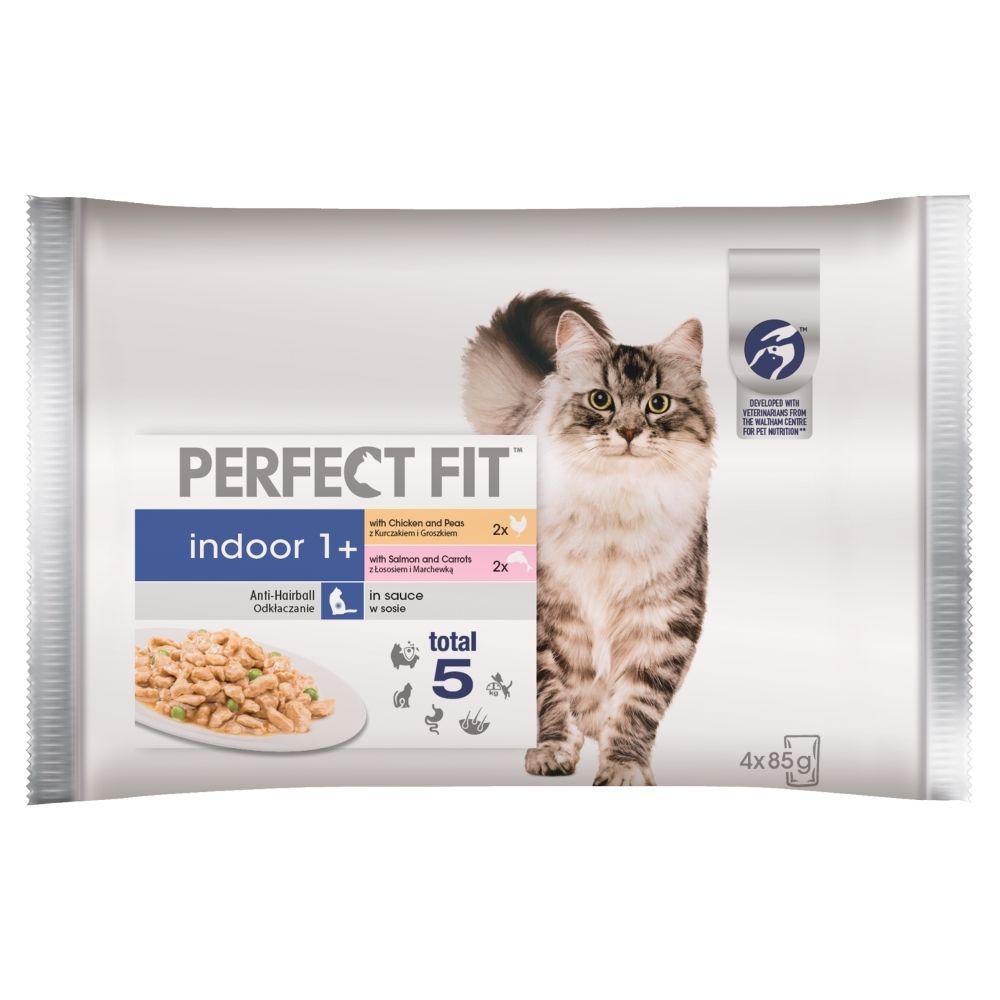 Perfect Fit Indoor 1+ Karma pełnoporcjowa dla dorosłych kotów 340 g (4 x 85 g)