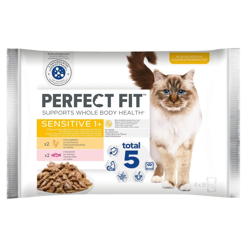 Perfect Fit Sensitive 1+ Mokra karma dla dorosłych kotów w sosie 340 g (4 x 85 g)