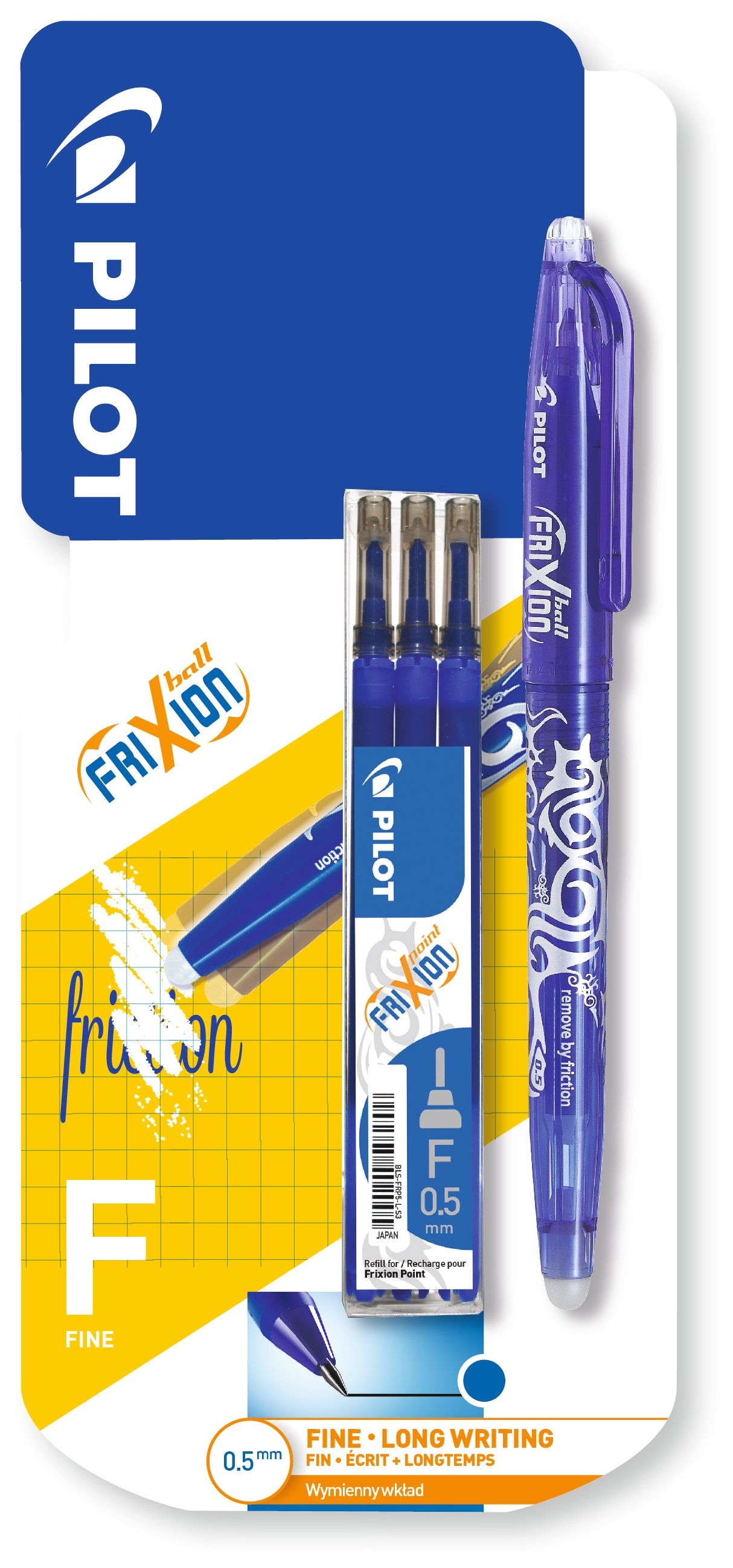 Pióro kulkowe Frixion Ball 0,5 + 3 wymienne wkłady w kolorze niebieskim.