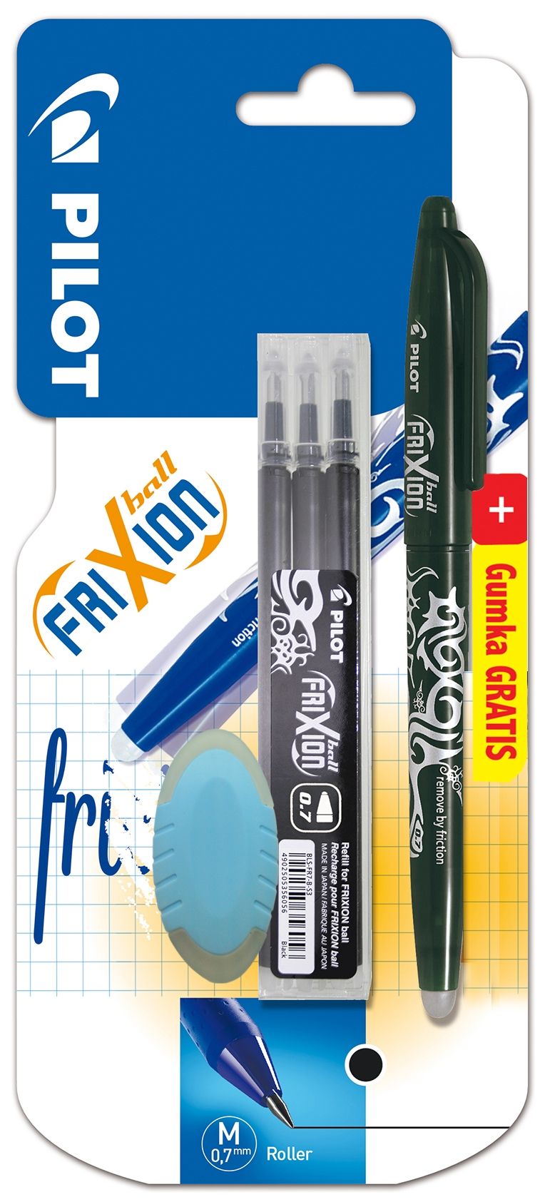 Pióro kulkowe Frixion Ball 0,7 + 3 wymienne wkłady w kolorze czarnym