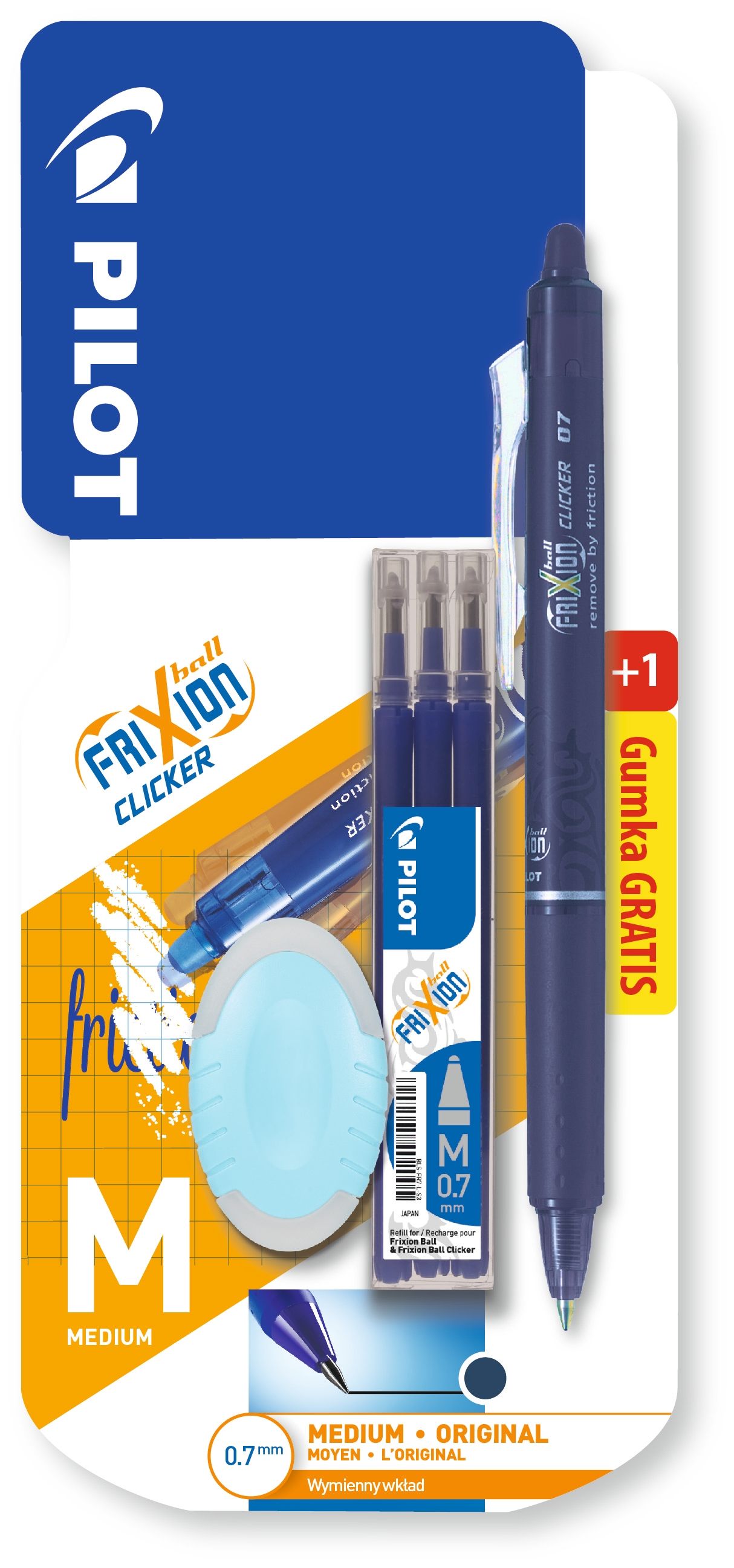 Pióro kulkowe Frixion Ball 0,7 + 3 wymienne wkłady w kolorze granatowym