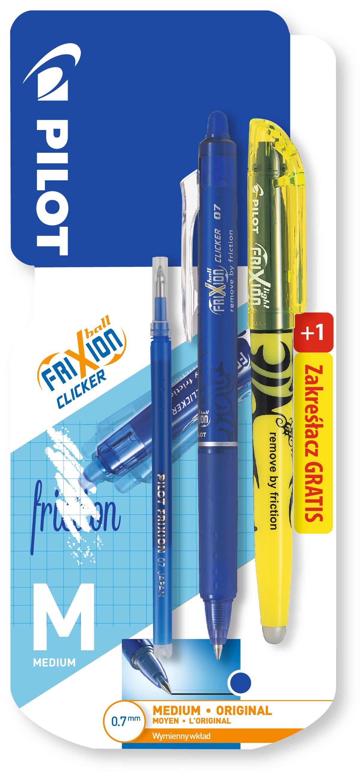 Pióro kulkowe Frixion Clicker 0,7 niebieskie + zakreślacz Frixion Light żółty.