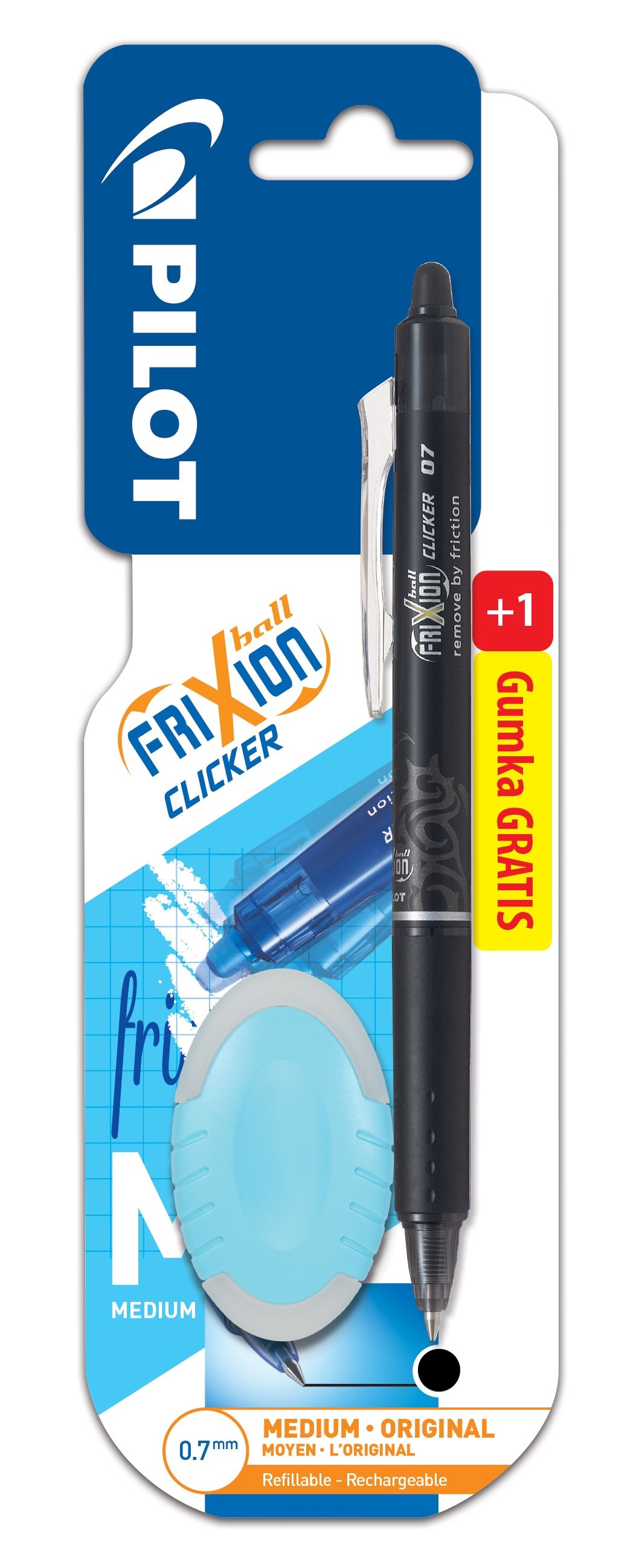 Pióro kulkowe Frixion Clicker 0,7 w kolorze czarnym + gumka gratis