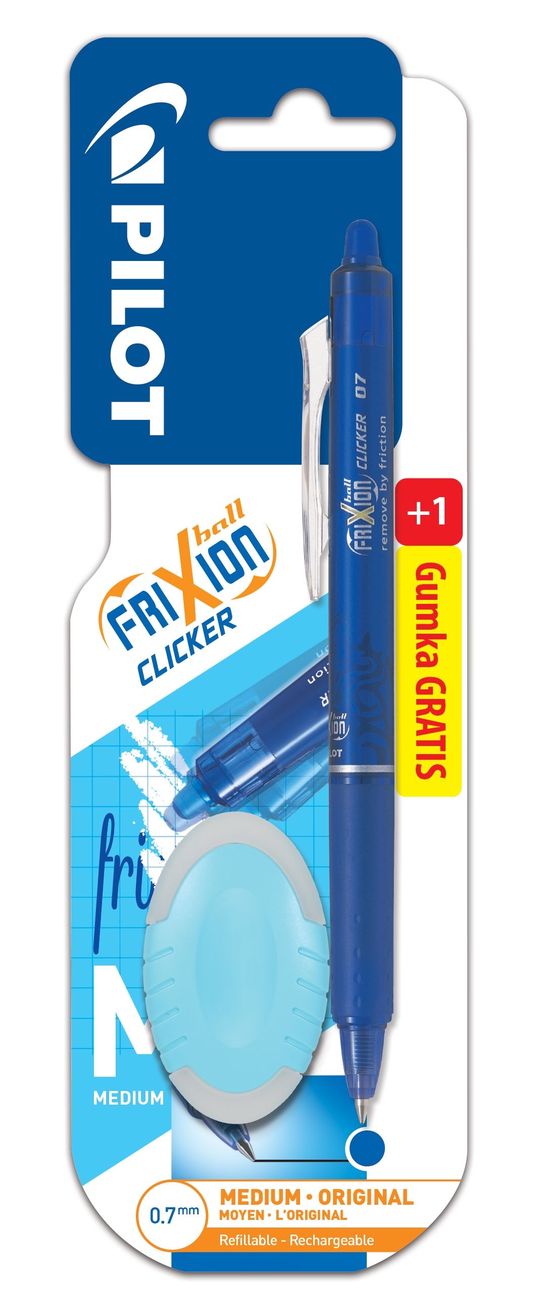 Pióro kulkowe Frixion Clicker 0,7 w kolorze niebieskim  + gumka gratis.