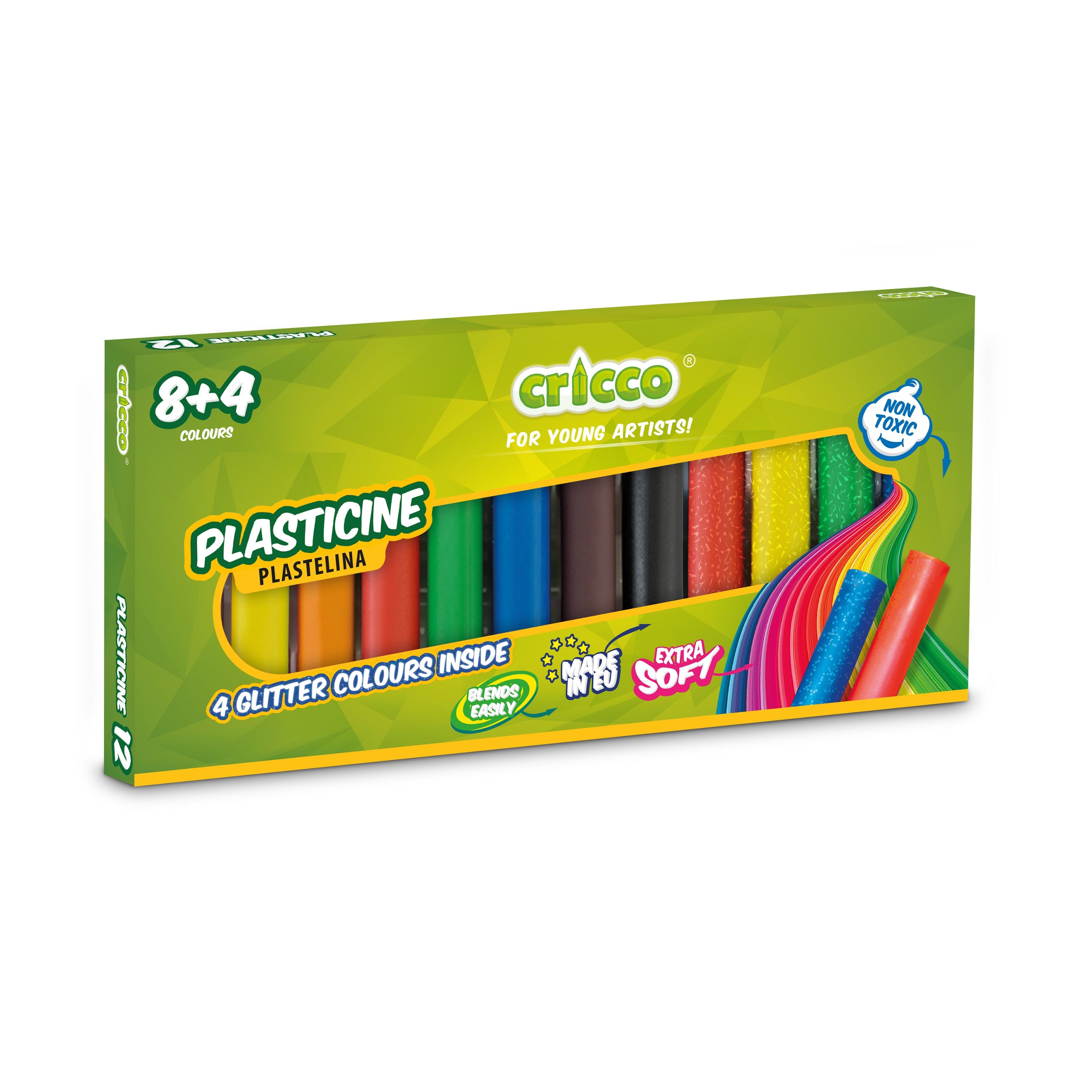 Plastelina Cricco 12 kolorów (8x regular + 4x brokat)