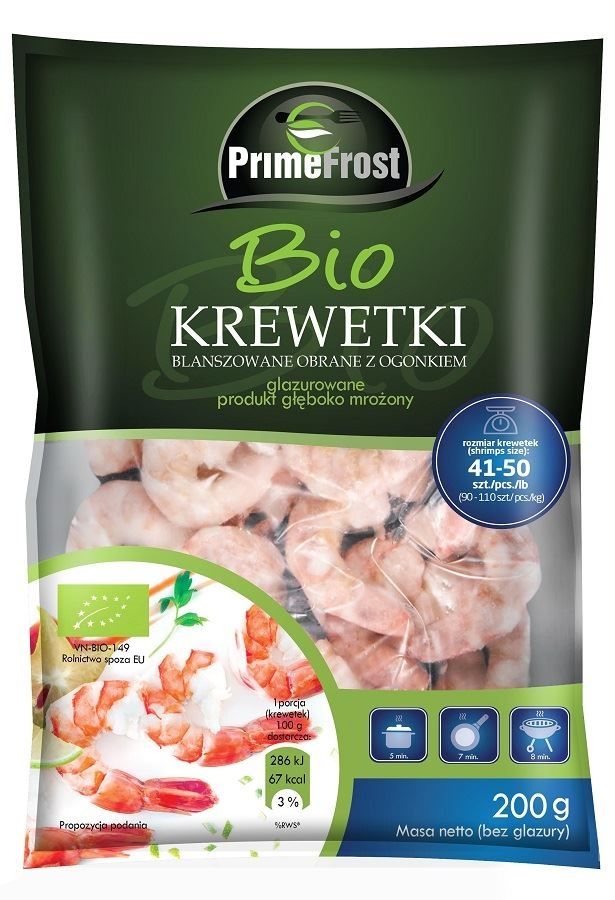 Primefrost krewetki tygrysie gotowane obrane z ogonkiem mrożone bio 200 g