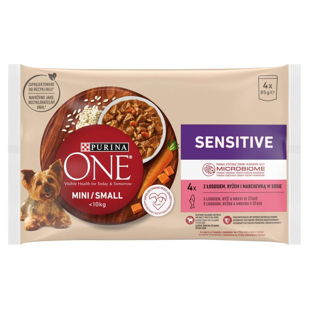 Purina One Mini/Small Sensitive Karma dla psów z łososiem ryżem i marchewką w sosie 340 g (4 x 85 g)