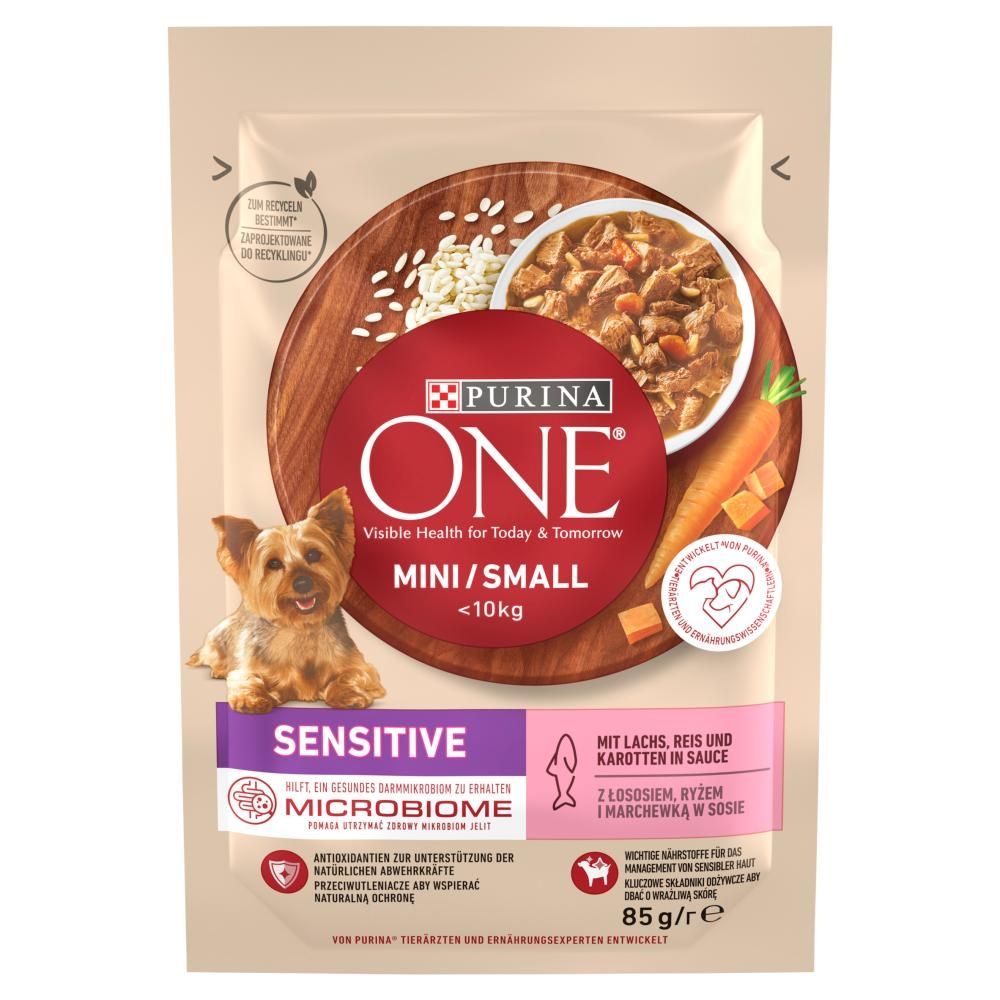 Purina One Mini/Small Sensitive Karma dla psów z łososiem ryżem i marchewką w sosie 85 g