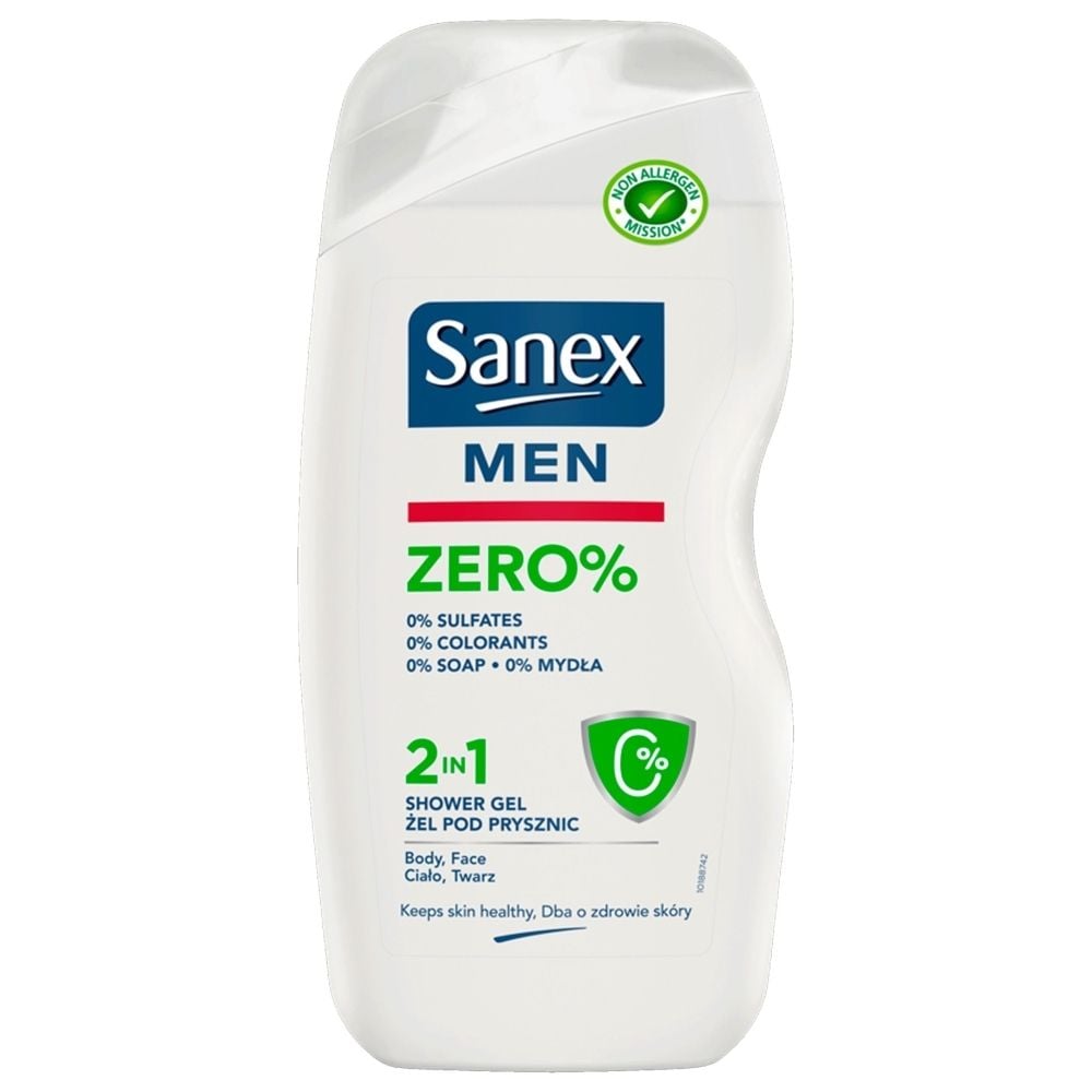 Sanex Men Zero%, delikatny żel pod prysznic 2 w 1, Vegan, 500ml