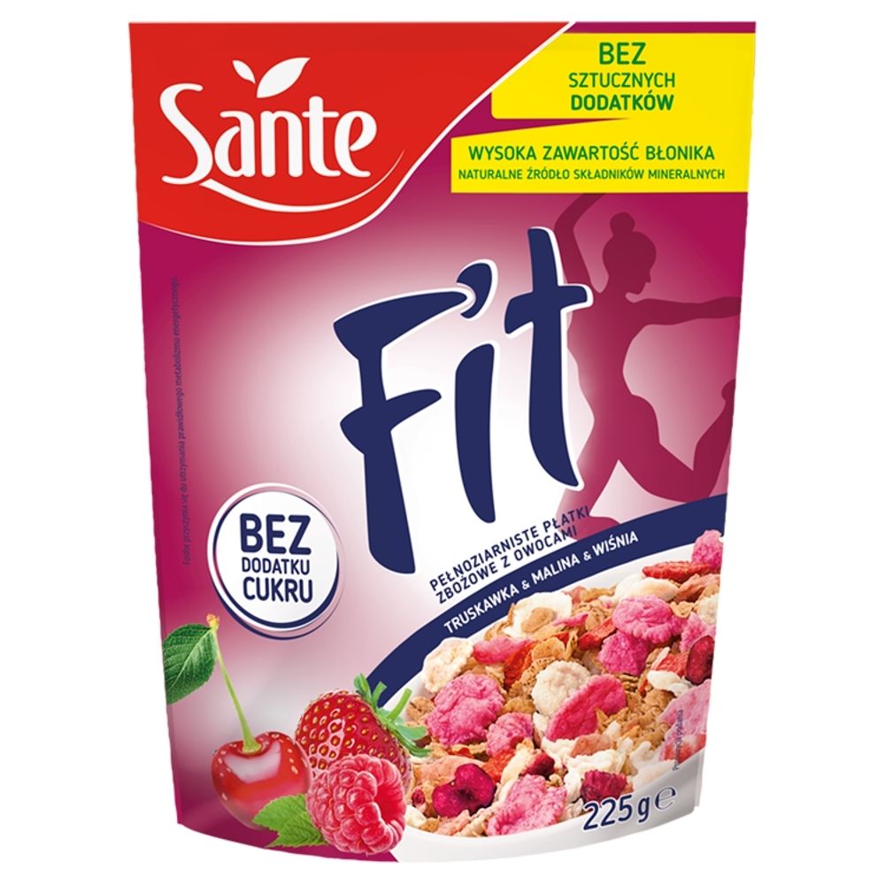 Sante Fit Pełnoziarniste płatki zbożowe z owocami truskawka & malina & wiśnia 225 g
