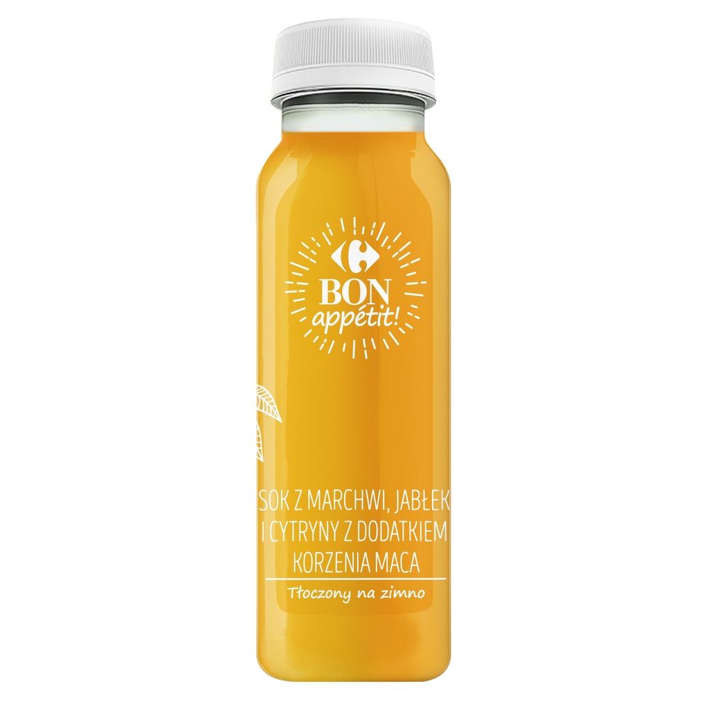 Sok z marchwi, jabłek, cytryn z dodatkiem korzenia maca 250 ml