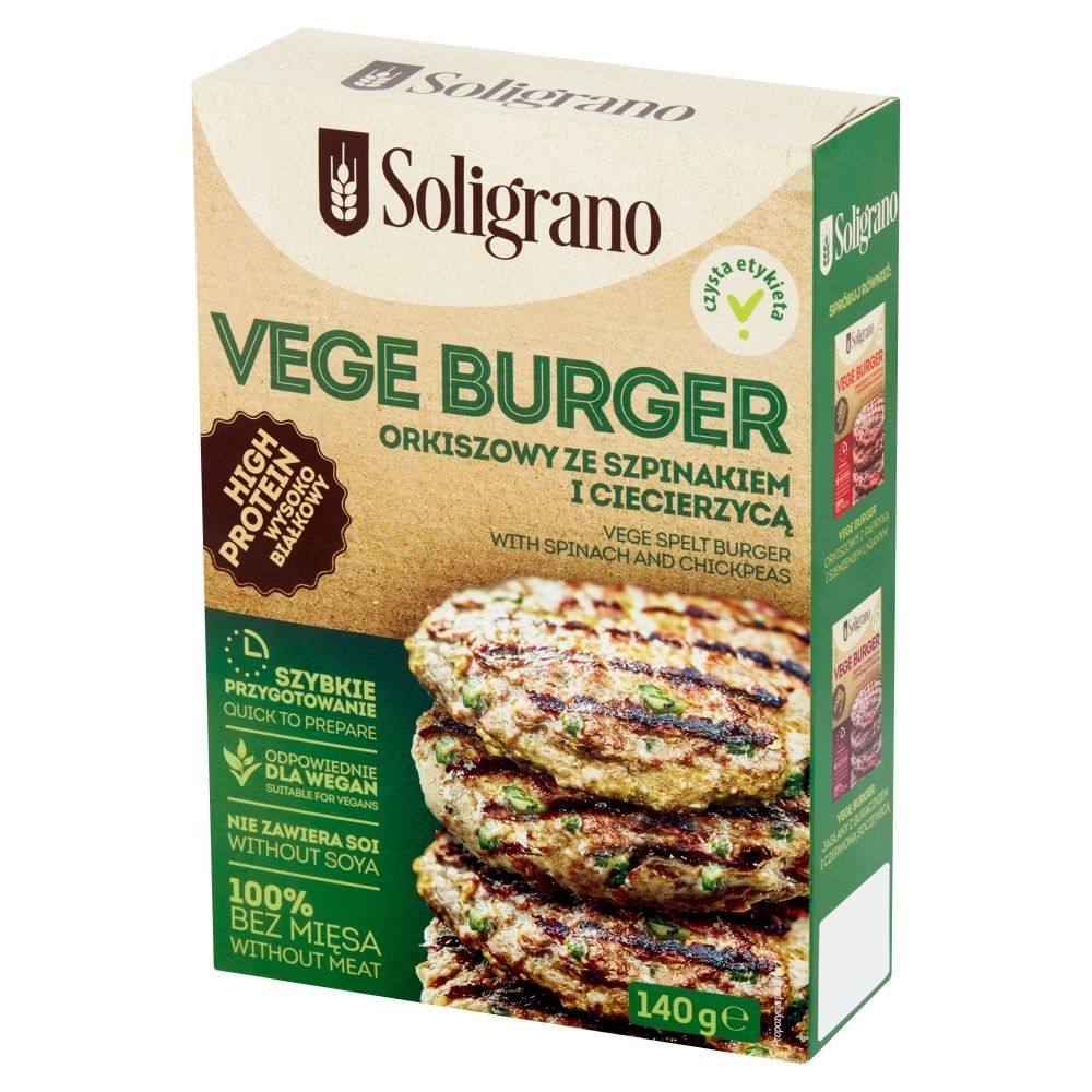 Soligrano Vege burger orkiszowy ze szpinakiem i ciecierzycą 140 g
