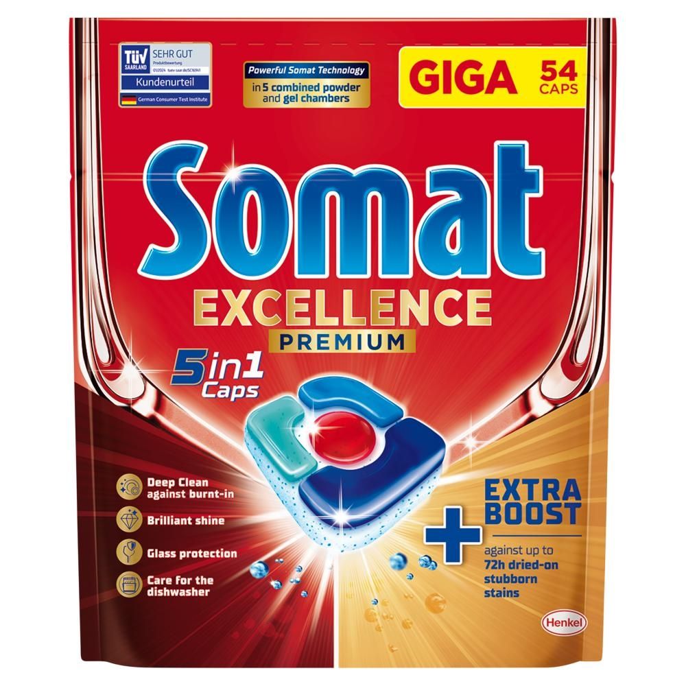 Somat Excellence Premium 5 in 1 Caps Kapsułki do mycia naczyń w zmywarkach 1053 g (54 sztuki)