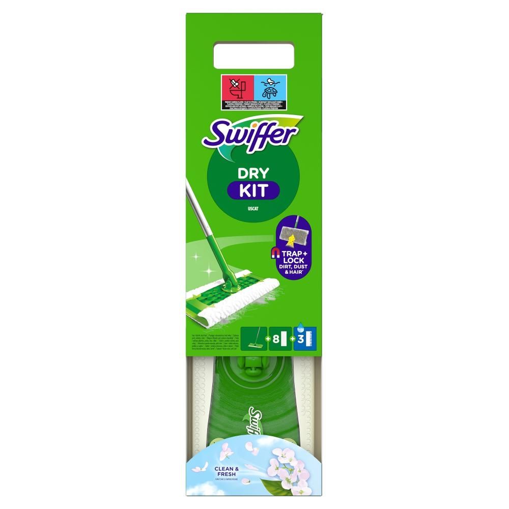 Swiffer Zestaw startowy: 1 mop,8 suchych ściereczek do zbierania kurzu i3 mokre chusteczki do podłóg