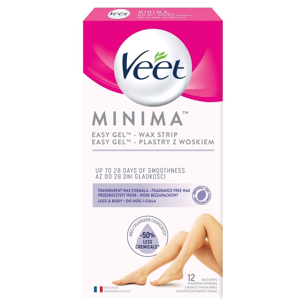 Veet Minima Easy-Gel Plastry z woskiem do nóg i ciała 12 sztuk i 2 chusteczki