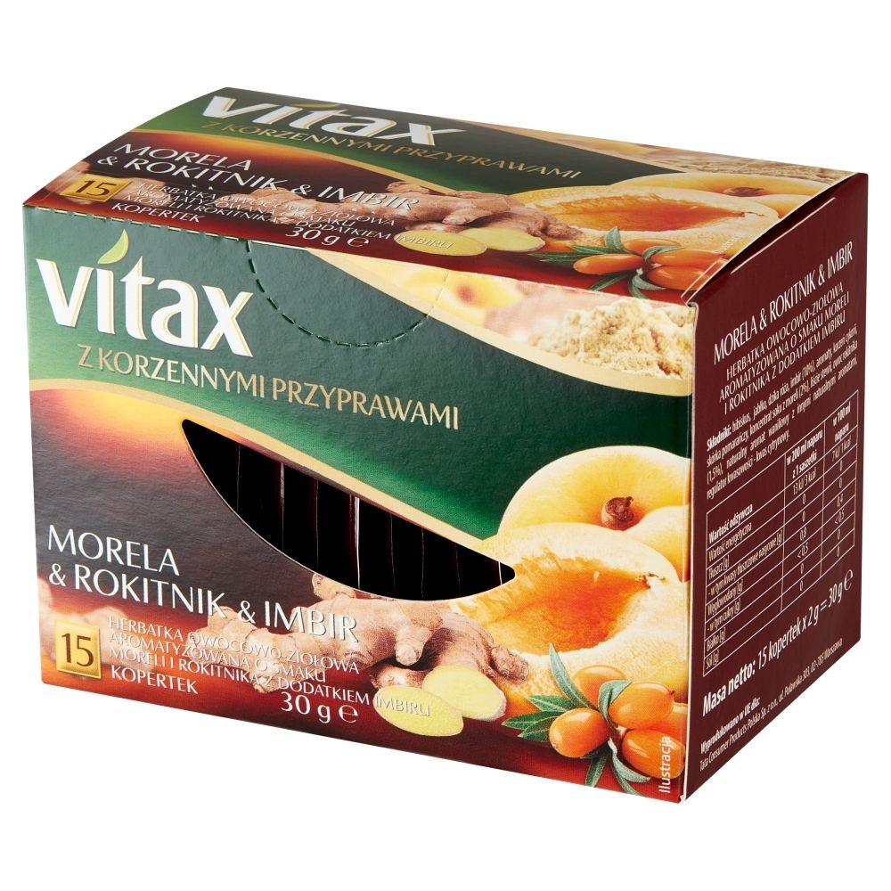 Vitax Herbatka owocowo-ziołowa aromatyzowana morela & rokitnik & imbir 30 g (15 x 2 g)