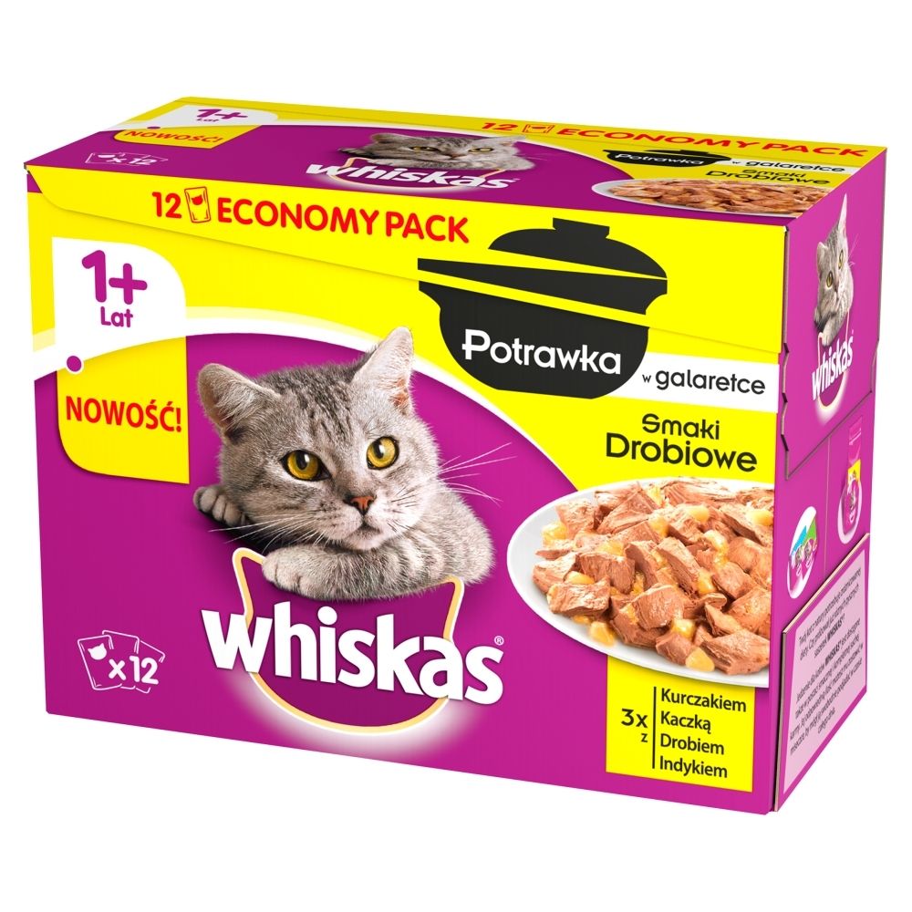 Whiskas 1+ lat Karma pełnoporcjowa potrawka w galaretce smaki drobiowe 1020 g (12 x 85 g)
