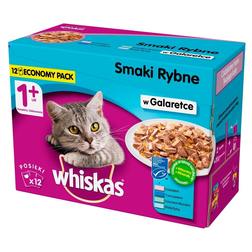 Whiskas 1+ lat Karma pełnoporcjowa smaki rybne w galaretce 1,2 kg (12 x 100 g)
