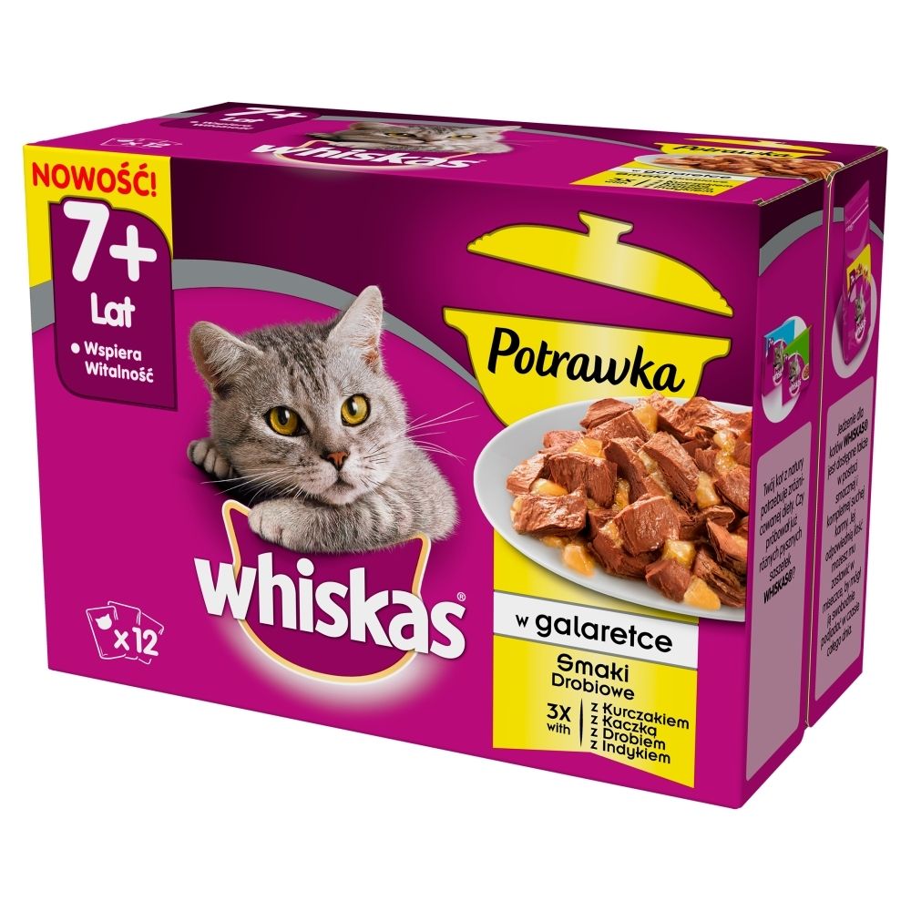 Whiskas 7+ lat Karma pełnoporcjowa potrawka w galaretce smaki drobiowe 1020 g (12 x 85 g)