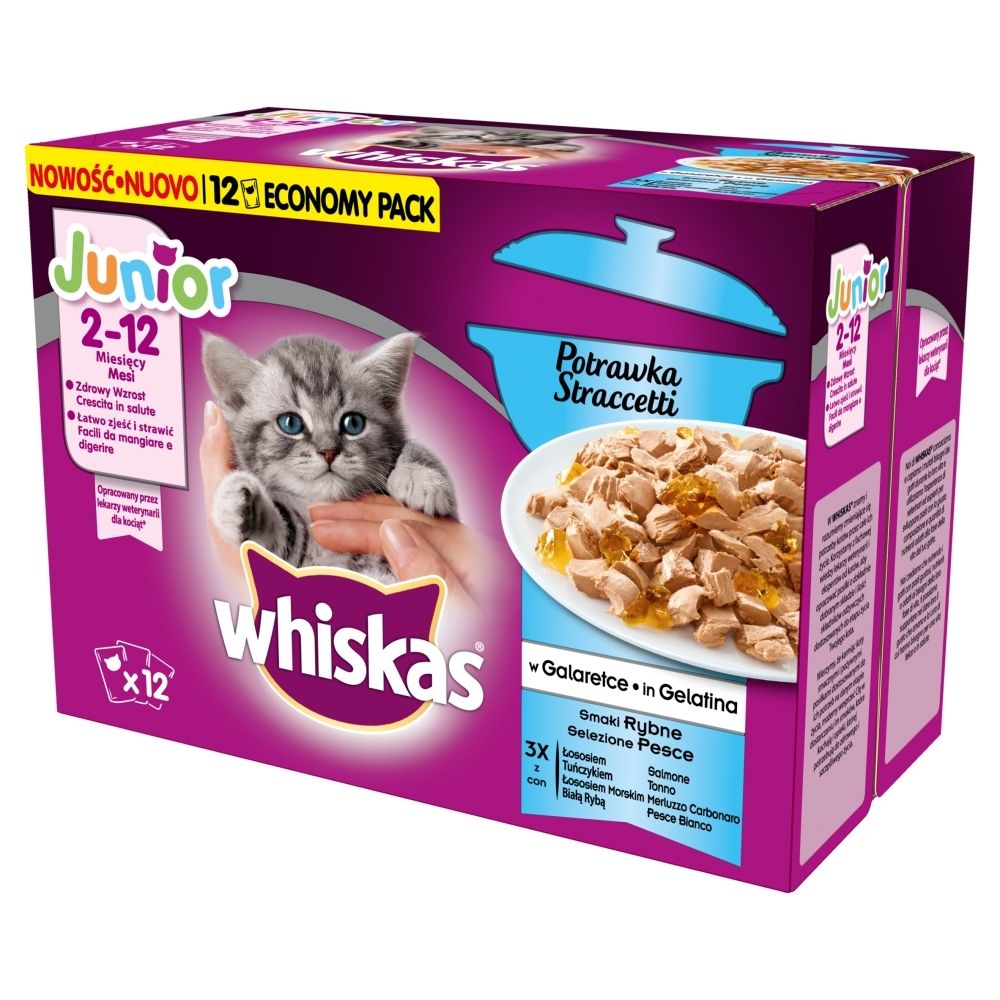 Whiskas Junior Karma pełnoporcjowa 2-12 miesięcy potrawka w galaretce smaki rybne 1020 g (12 x 85 g)