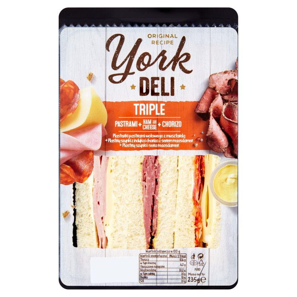 York Deli Kanapka z szynką pastrami musztardą serem maasdamer i kiełbasą chorizo 235 g