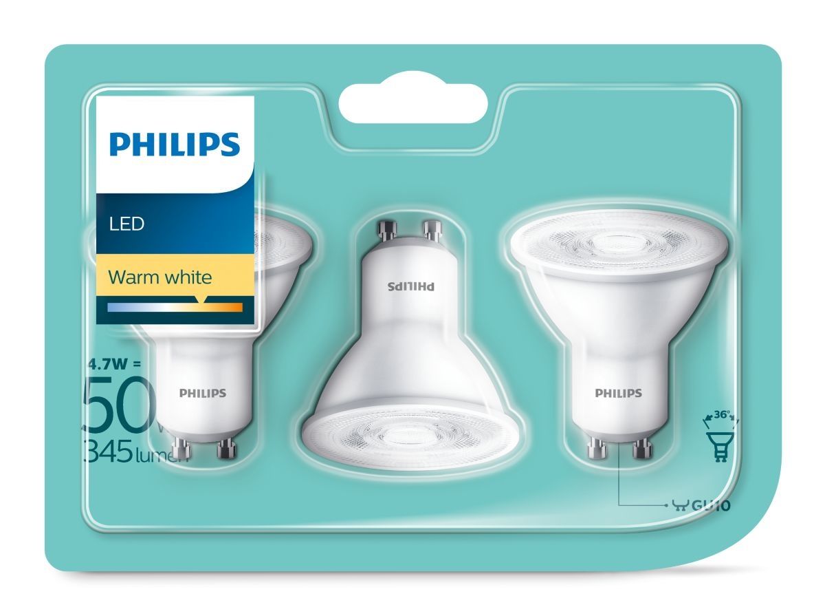 PHILIPS Zestaw Żarówek Led GU10 50W 3 szt Ciepła Biel